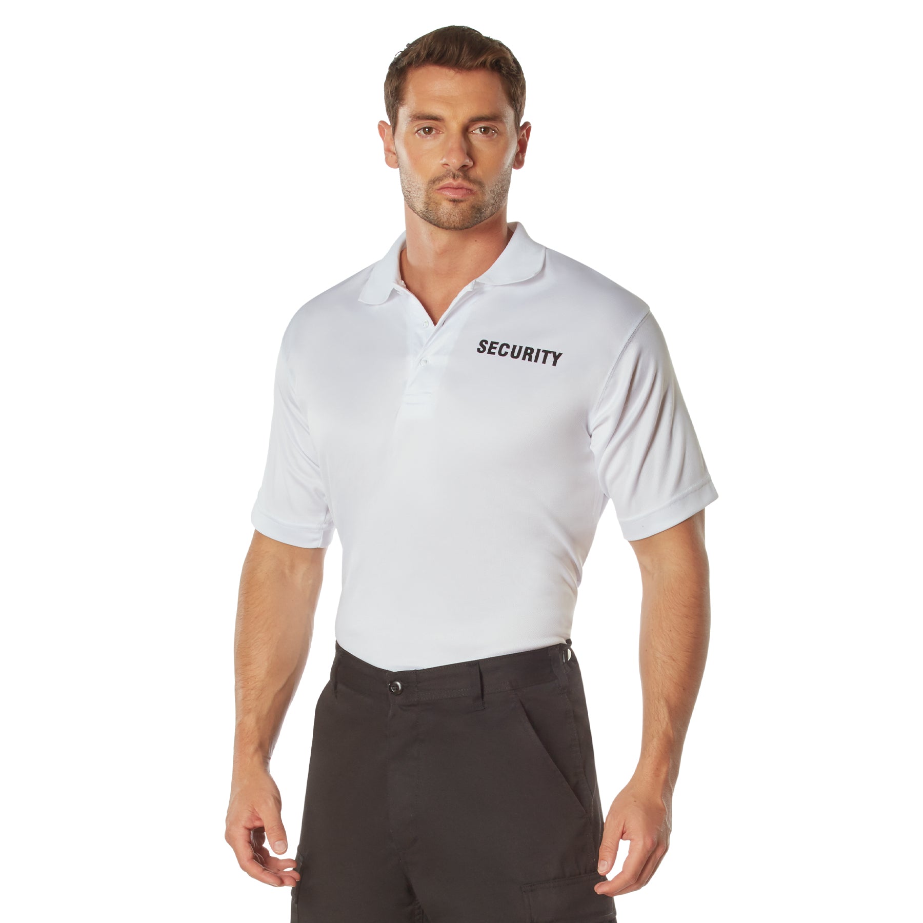 MilSpec Moisture Wicking Security Polo Shirt White with Black Lettering