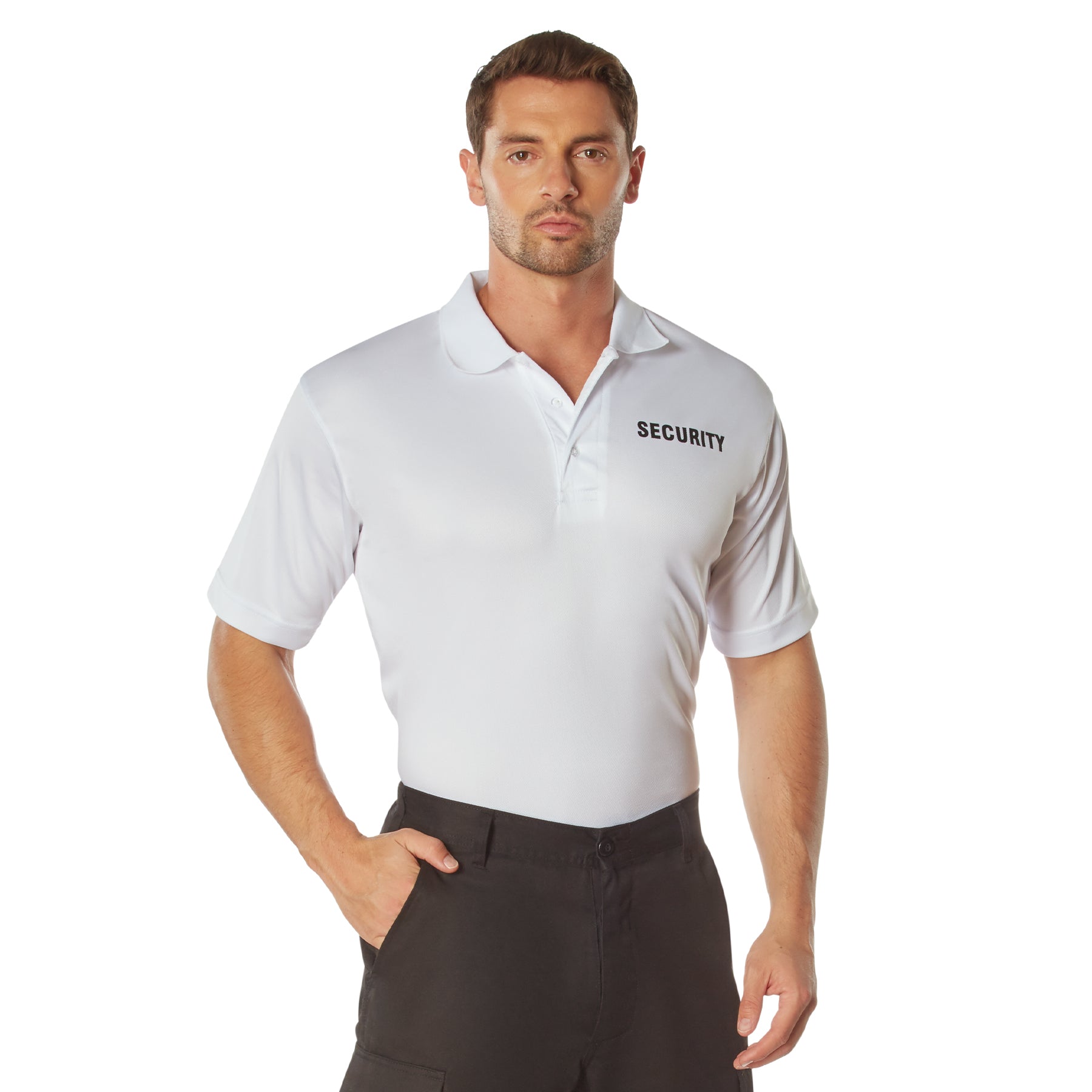 MilSpec Moisture Wicking Security Polo Shirt White with Black Lettering