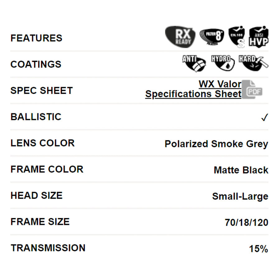 Wiley X Valor 2.5 Polarised Grey Lens with Matte Black Frame