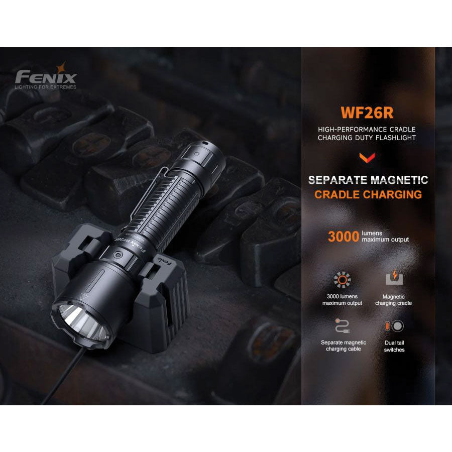 Fenix WF26R 3000 lumens 450m throw rechargeable torch with charging dock Accessories Fenix Tactical Gear Supplier Tactical Distributors Australia