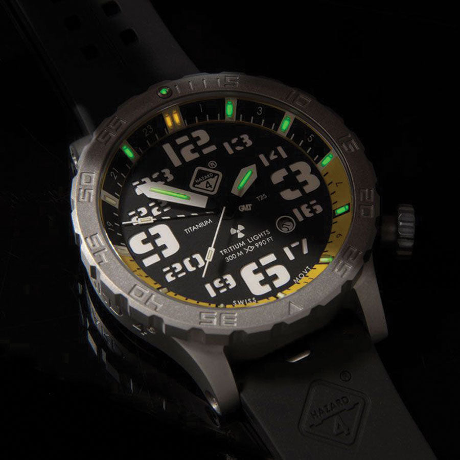 Hazard 4 HeavyWaterDiver Nightwatch White GMT Black Watches Hazard 4 B - green hours and hands / yellow noon / green bezel Tactical Gear Supplier Tactical Distributors Australia