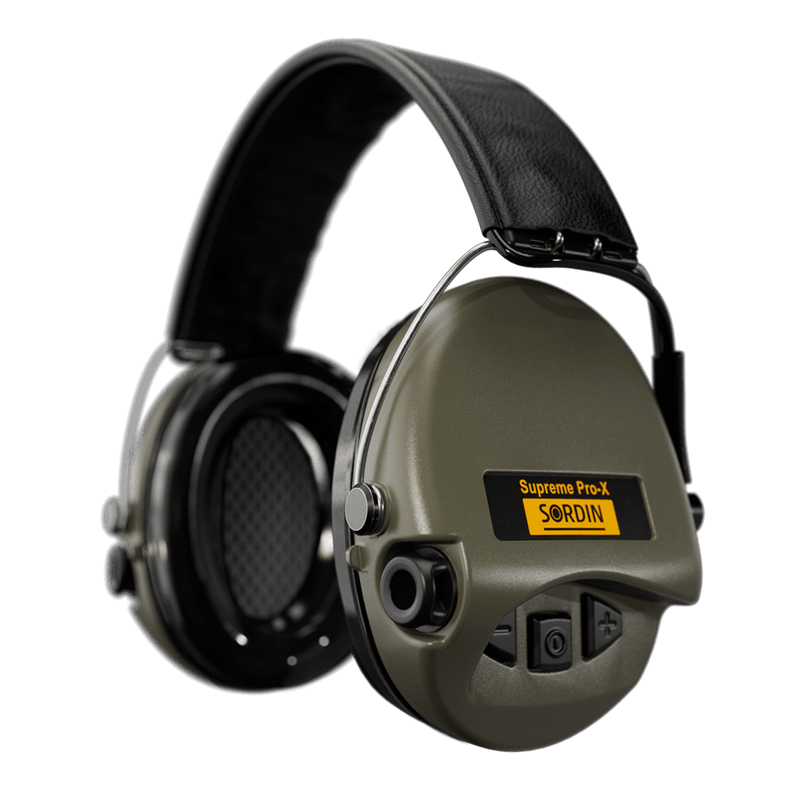 Sordin Supreme Pro-X Electronic Hearing Protection - Black Leather Headband OD Green Cup Colour Hearing Protection Sordin Hearing Protection Tactical Gear Supplier Tactical Distributors Australia