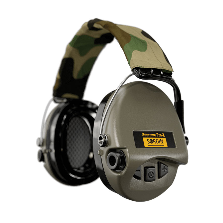 Sordin Supreme Pro-X LED Electronic Hearing Protection - Gel Cups Hearing Protection Sordin Hearing Protection 75302-X-07-S Green Cup colour - Camo textile Headband Tactical Gear Supplier Tactical Distributors Australia