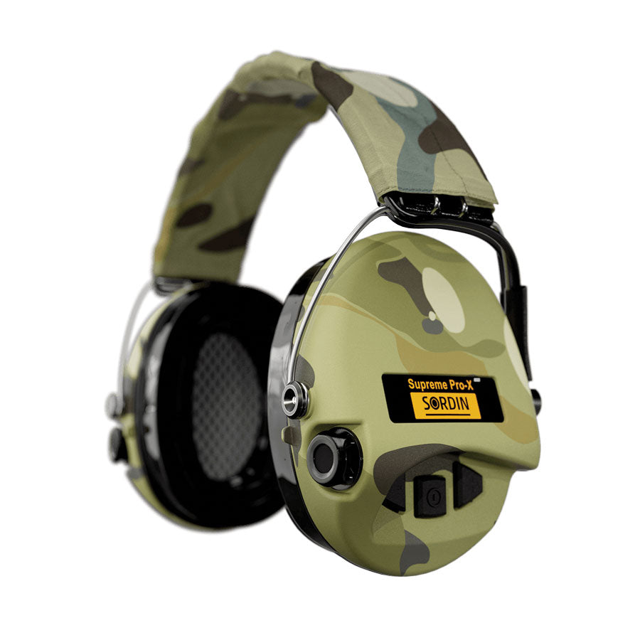 Sordin Supreme Pro-X LED Electronic Hearing Protection - Gel Cups Hearing Protection Sordin Hearing Protection 75302-X-08-S Camo Cup colour - Camo textile Headband Tactical Gear Supplier Tactical Distributors Australia